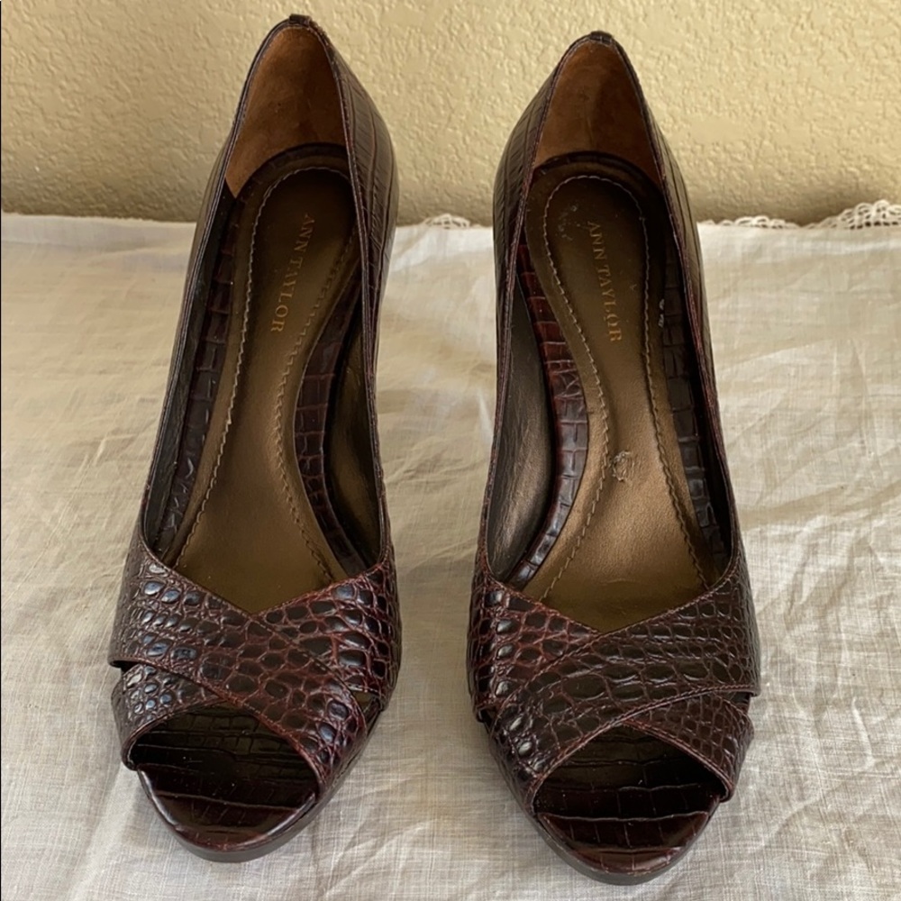 Ann Taylor Leather Snakeskin Open-toed Heels - Picture 5 of 7